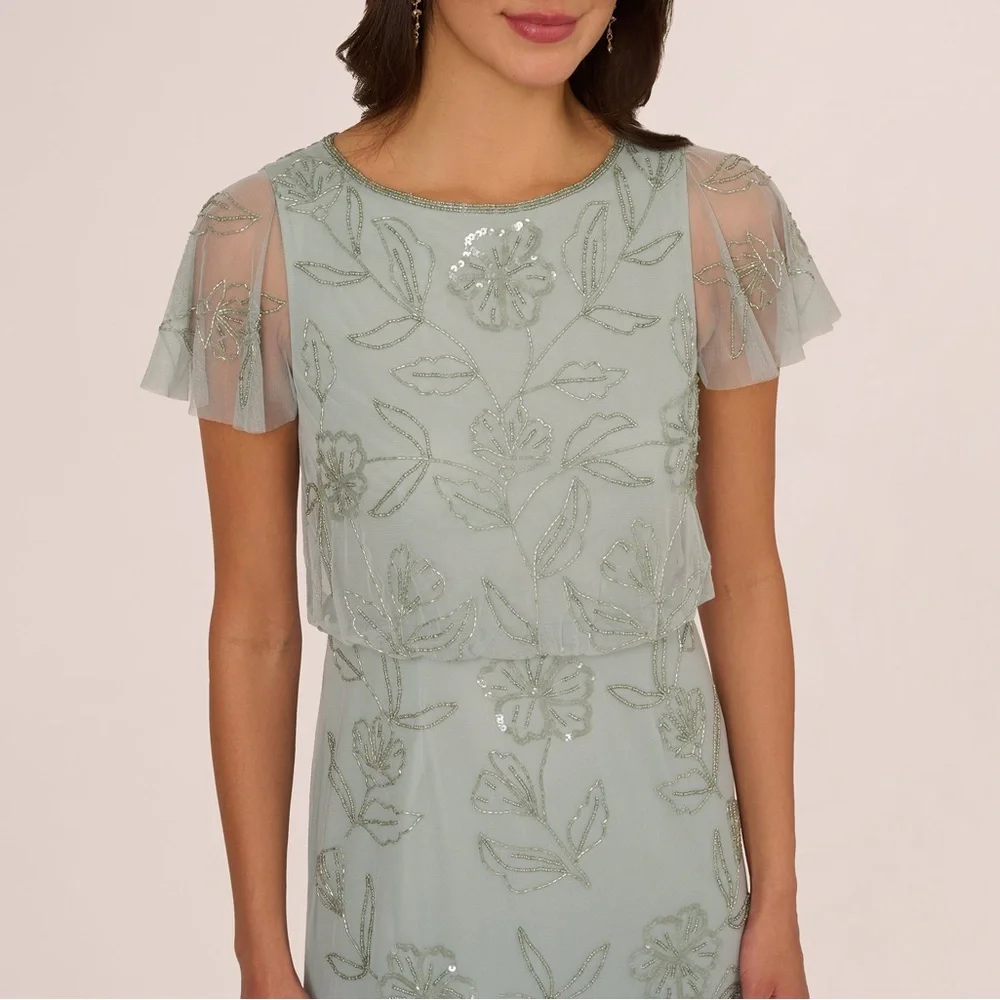 Adrianna Papell Sage Green Beaded Floral Maxi Gown Size 12 NWT GALA MOB Formal